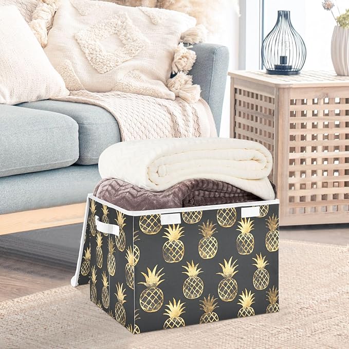 Storage Cube with Lid Golden Pineapple Print 16.5×12.6×11.8 IN 1 Pack Collapsible Large Capacity Foldable Storage Basket Bin Organizer