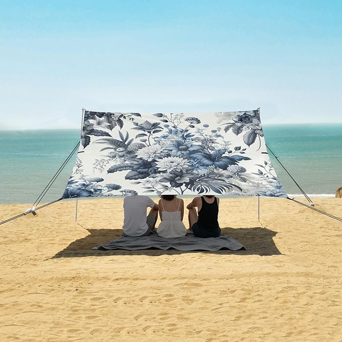 Exotic Flowes Blue Beach Tent Sun Shelter Set UPF50+ UV Protection 10.5 x 9.19 FT Camping Shade Canopy with Sandbags Sand Anchors Carrying Bag and Others
