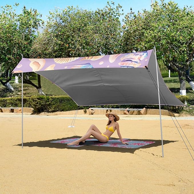 Seashells Different Shapes and Starfish Lilac Foldable Beach Canopy UPF50+ Protection Lightweight Large Sun Shelter with Carrying Bag for Camping Picnics Backyard