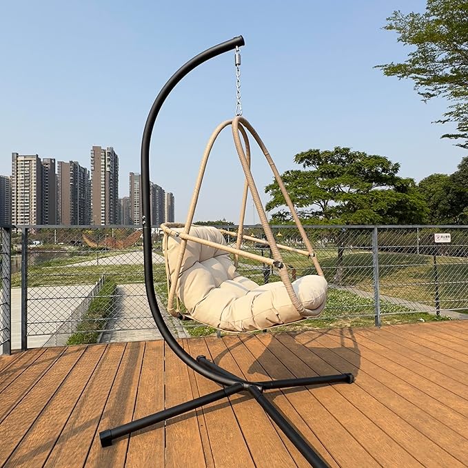 Foldable Rattan Egg Hanging Chair with Stand for Indoor and Outdoor Relaxation Featuring Removable Safety Rail and Convenient Cup Holder with Included Comfort Cushions