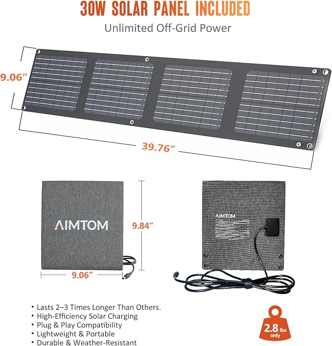 AIMTOM 155Wh Portable Power Station with 30W Solar Panel – 150W Peak/110V AC 18W USB-C 2x USB-A &amp 12V DC – Solar Generator for Camping Home RV Travel &amp Emergencies