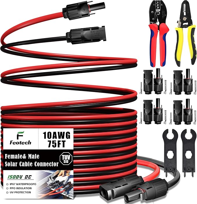 Twin Wire 70FT Solar Extension Cable - 10AWG (6mm²) Solar Panel Connector with IP67-Male/Female Solar connectors for Outdoor Automotive RV Boat Marine Solar Panel- Black &amp Red