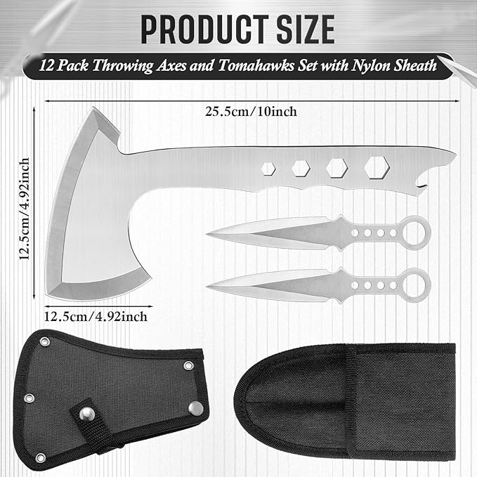 6 Pack Throwing Axes 10 Inch Full Tang Throwing Axes Tomahawks Set Stainless Steel Balanced Axes with Nylon Sheath Bottle Opener Wrench for Competiton Recreation