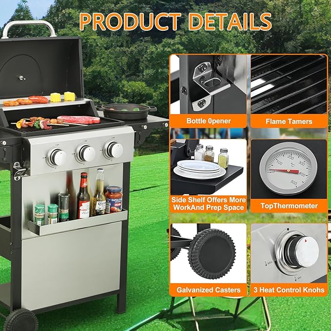 3-Burner Propane Gas BBQ Grill Stainless Steel Propane Grill 36900 BTU Outdoor Cabinet Style with Wheels Wire Rack and Two Foldable Side Table for Outdoor Barbecue Cooking (3-Burner GrillSilver)