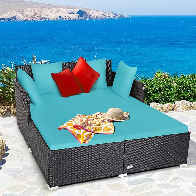 Tangkula Outdoor Rattan Daybed Sunbed Wicker Furniture w/Spacious Seat Upholstered Cushion &amp High-Resilience Sponge Wicker Patio Sofa Set w/Extra Pillows for Courtyard Poolside(Turquoise)