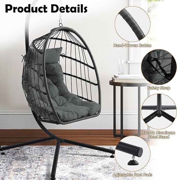 TITIMO Foldable Hanging Egg Chair with Stand Indoor/Outdoor Wicker Swinging Chair with Comfortable Cushion and Headrest Rattan Hammock Chair for Patio Bedroom Balcony Garden 350LBS Capacity