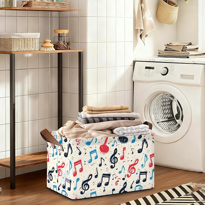 32L Large Storage Bins with Handles Basket Organizer for Shelves Closet Books Laundry &amp Home Decor (Musical Note)