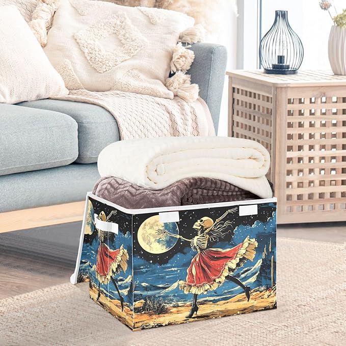 Storage Cube with Lid Dancing Skeleton Print 16.5×12.6×11.8 IN Collapsible Large Capacity Foldable Storage Basket Bin Organizer