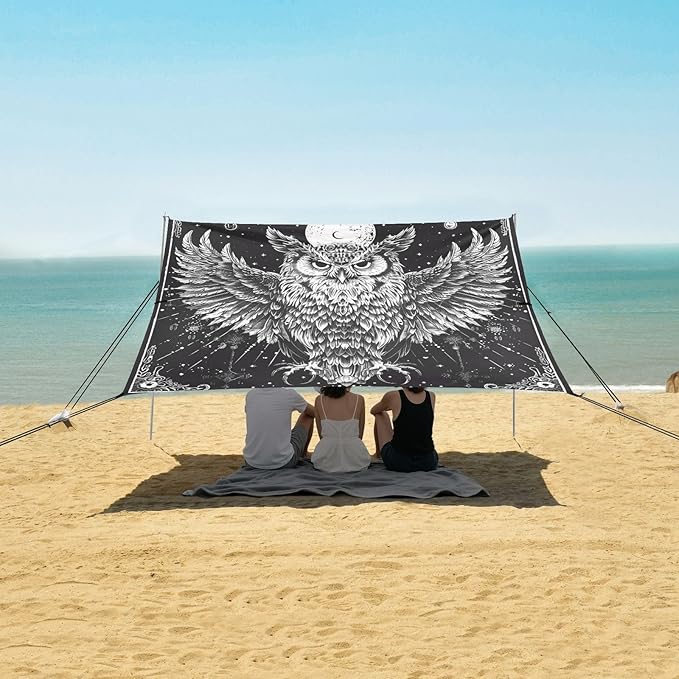 ALAZA Owl Mysticism Beach Tent Sun Shelter UPF50+ Protection Beach Shade Canopy w/ 4 Sandbags for Outdoor Camping Fishing Backyard Fun Picnic 10x9 ft