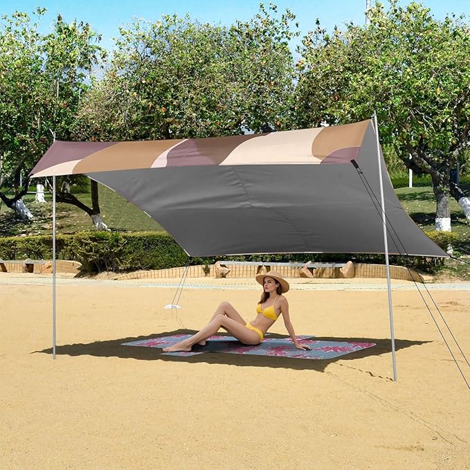Coffee Brown Foldable Beach Tent UPF50+ Protection Easy Setup Portable Sun Shelter with Sandbags &amp Sand Shovel for Camping Trips Fishing Backyard Fun or Picnics