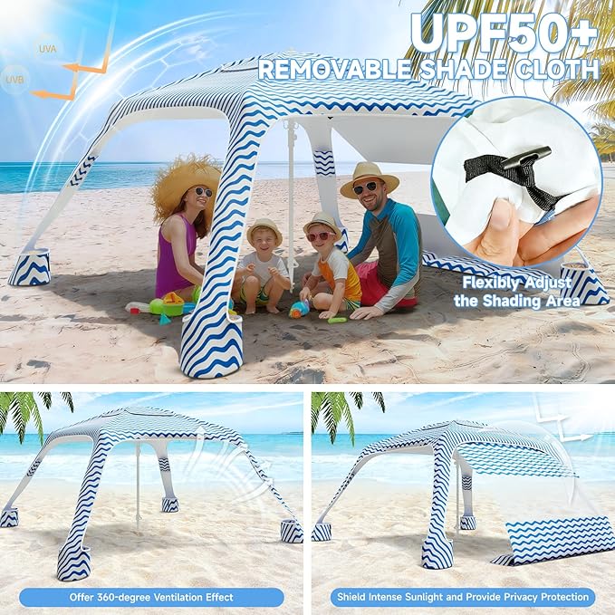 Beach Cabana 6.5'×6.5' Beach Canopy with UPF50+ Protection Beach Tent Sun Shelter Sun Umbrella with Removable Side Wall Portable Shade Sun Shelter for Beach Garden Camping (Wave Pattern)