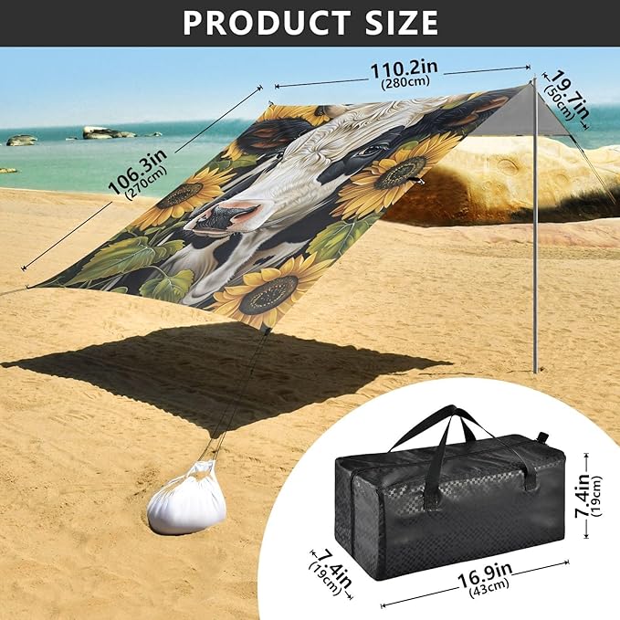 ALAZA Cow and Sunflower Beach Tent Sun Shelter UPF50+ Protection Beach Shade Canopy w/ 4 Sandbags for Outdoor Camping Fishing Backyard Fun Picnic 10x9 ft