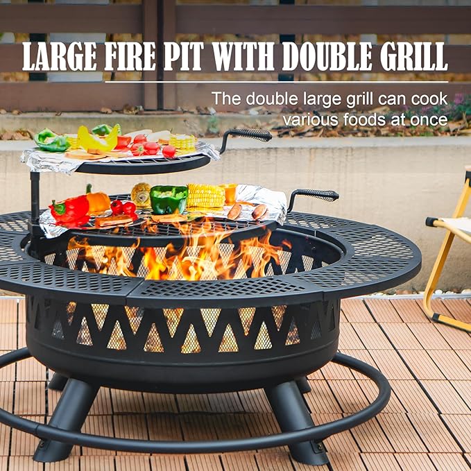 42 Inch Fire Pit with 2 Grills Large Outdoor Firepits for Outside Wood Burning Fireplace for CampingPicnicBonfire 3-in-1 Round Metal Table with Lid for BackyardPatioParty