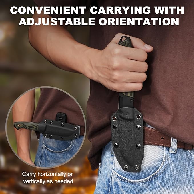 Fixed Blade Survival Knife with Fire Starter Whistle &amp Compass Full Tang D2 Steel Blade Horizontal Carry Sheath for Outdoor Sports
