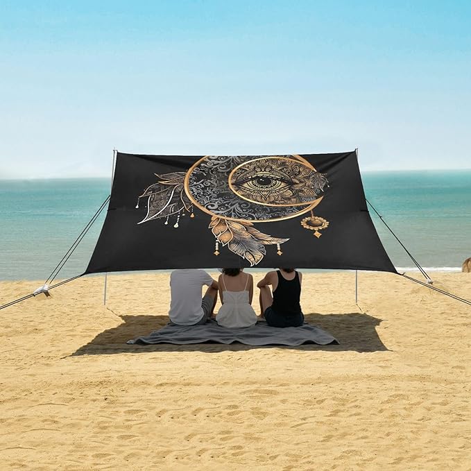 ALAZA Crescent Moon Dreamcatcher Witchy Beach Tent Sun Shelter UPF50+ Protection Beach Shade Canopy w/ 4 Sandbags for Outdoor Camping Fishing Backyard Fun Picnic 10x9 ft
