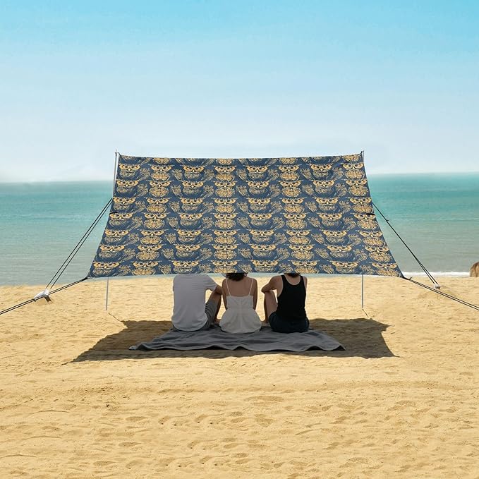 ALAZA Owl Print Vintage Beach Tent Sun Shelter UPF50+ Protection Beach Shade Canopy w/ 4 Sandbags for Outdoor Camping Fishing Backyard Fun Picnic 10x9 ft