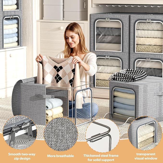 8 Pack Clothes Storage Bins with Metal Frame Foldable Clothing Storage Bins with Lids 49L Stackable Storage Box for Closet Fabric Organizer with Clear Window for Sweaters T-Shirts BeddingLight Grey
