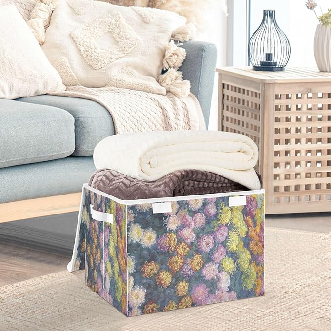 Storage Bins With Lid Stackable Fabric Closet Organizer Clothing Storage Large Boxes For Closet Shelves Bedroom Chrysanthemums Flower Monet