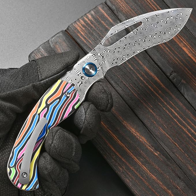 Sitivien ST270 Folding Knife Damascus Steel Blade Colorful G10 &amp Damascus Handle with Ball Bearing for Men Women Outdoor Camping Hiking Fishing(Color)