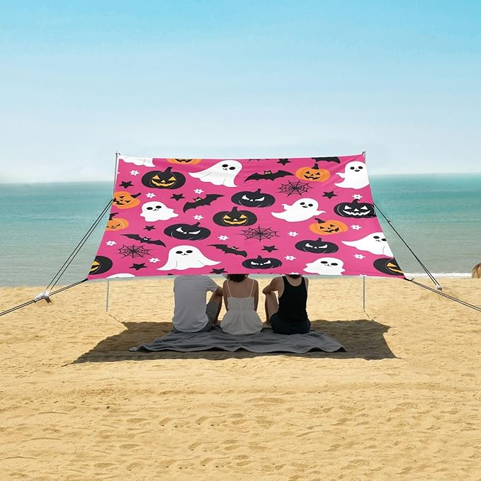 ALAZA Cute Ghost Pumpkin Bat Halloween Beach Tent Sun Shelter UPF50+ Protection Beach Shade Canopy w/ 4 Sandbags for Outdoor Camping Fishing Backyard Fun Picnic 10x9 ft
