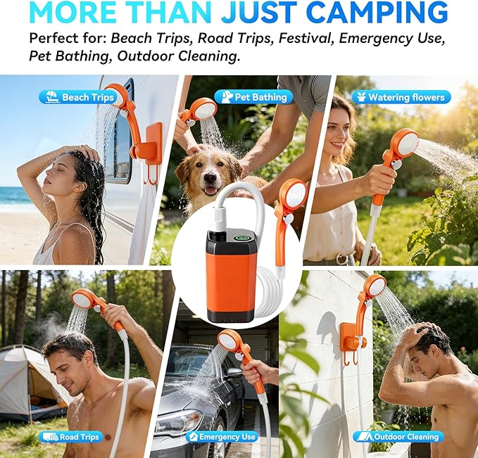 Camping Shower with Heater Portable – 6000mAh Rechargeable Hot Water Shower Pump with LED Display 3 Spray Modes for Outdoor Camping RV Pet Bath Car Wash Travel