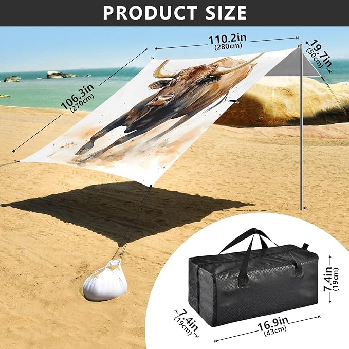 ALAZA Running Highland Cattle Beach Tent Sun Shelter Portable Canopy Sunshade for Outdoor Camping Picnics Backyard Fun 10x9 ft