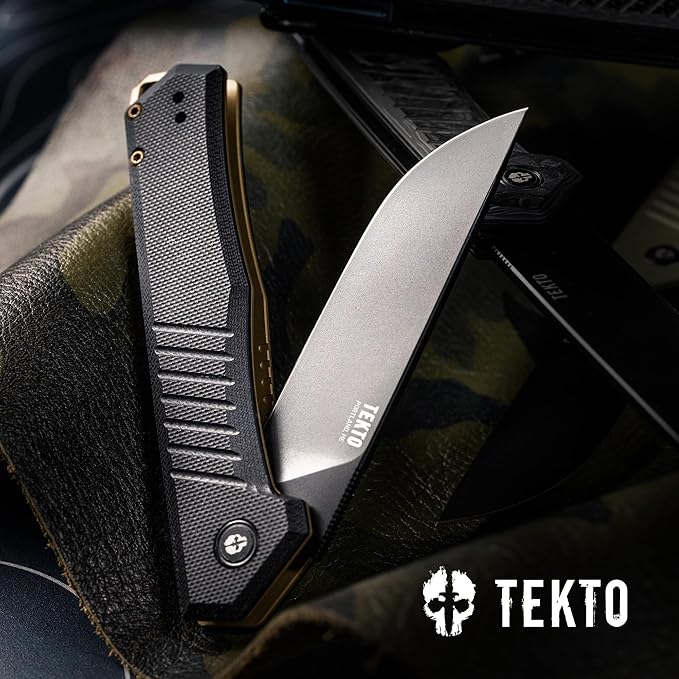 TEKTO F1 Alpha Folding Pocket Knife - Modified Straight Back Blade Titanium Coated D2 Steel Ideal for Outdoor Camping and Backpacking Tactical G10 Black Handle Bronze Titanium Accents