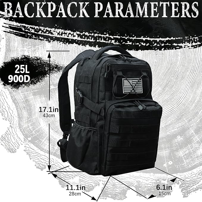 Military Tactical Backpack for Men Army 1 Day Assault Pack Molle Bag Bug Out Bag 25L Black