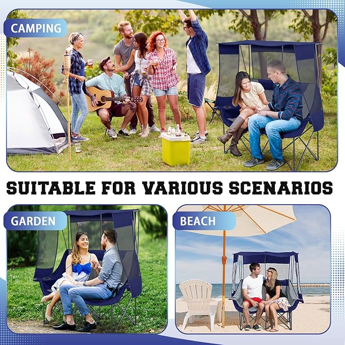 Teenyyou Double Camping Chair with Canopy Shade 660lbs Heavy Duty Beach Chair Portable Folding 2 Person Camping Loveseat with Cup Holder and Storage Bag for Lawn Beach Outdoor Sport(Blue and Grey)