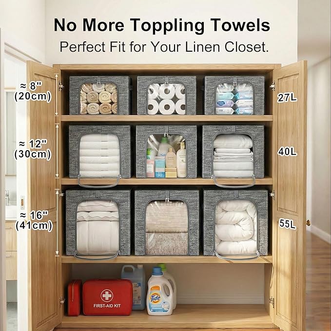 GoMaihe Clothes Storage Bins Metal Frame: 55L Extra Large Stackable Closet Storage Bin with Lid &amp Clear Window Heavy Duty Blanket Box for Winter Coats Comforters (Fits Deep Closet 4-Pack)