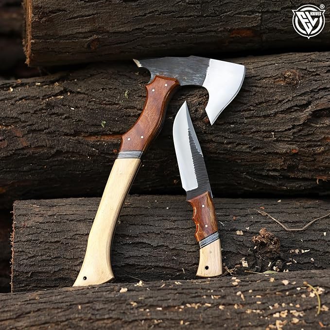 EdgeLandKnives® Hand Forged Tomahawk Throwing Axe and Bushcraft Knife Set Heavy Duty D2 Steel Tomahawk Throwing Axe and Bushcraft Knife Set with Leather Sheath Perfect Combo for Outdoorsmen EL90