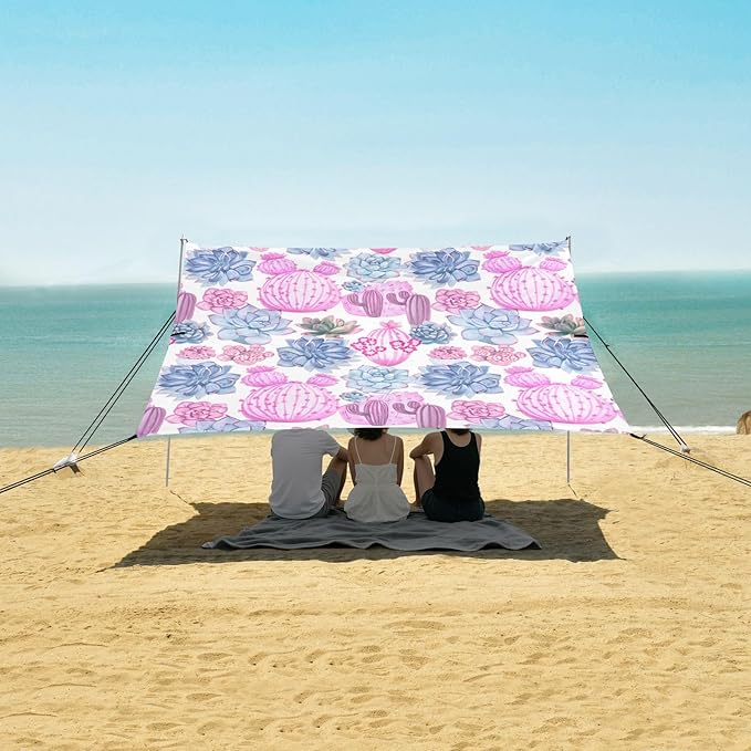 Beach Canopy with Windproof Ropes &amp Sandbags Beach Tent Sun Shade Sun Shelter for Camping Trips Fishing Backyard Fun or Picnics Cactus