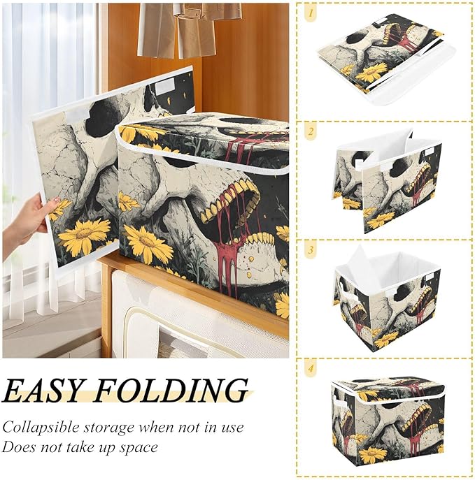 Storage Cube with Lid Horror Skull Print 16.5×12.6×11.8 IN Collapsible Large Capacity Foldable Storage Basket Bin Organizer
