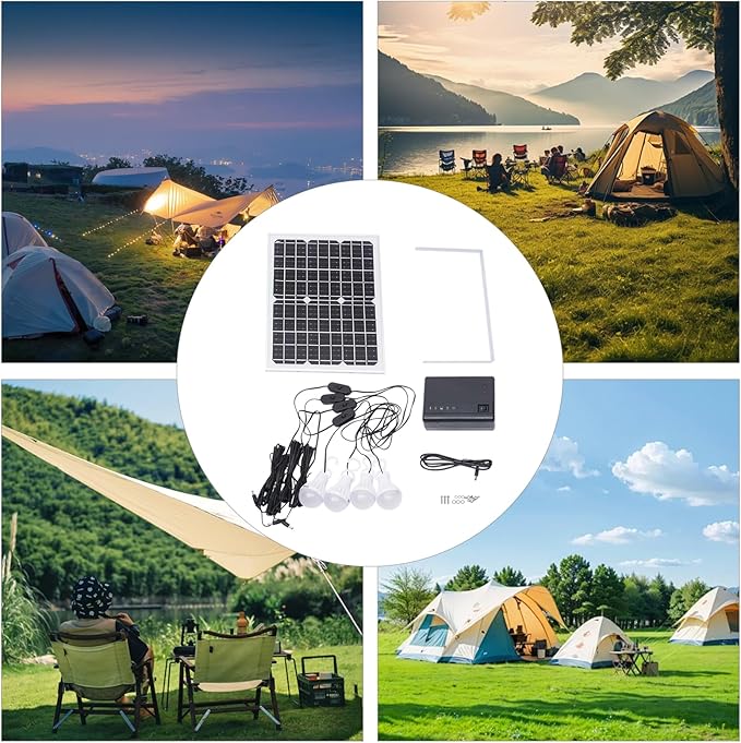 Solar Inverter with Solar Panel &amp 4 LED Lights 12V 4A Portable Power Generator Kit Emergency Energy Storage with USB DC Outlets Power Station for Home Backup Outdoors Camping Travel Hunting RV