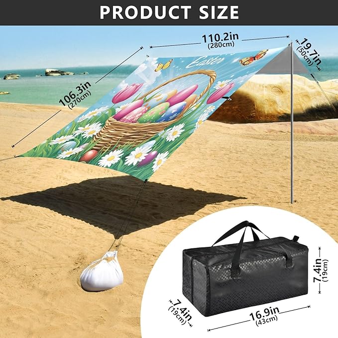 Spring Easter Eggs Beach Tent Sun Shelter Set UPF50+ UV Protection 10.5 x 9.19 FT Camping Shade Canopy with Sandbags Sand Anchors Carrying Bag and Others
