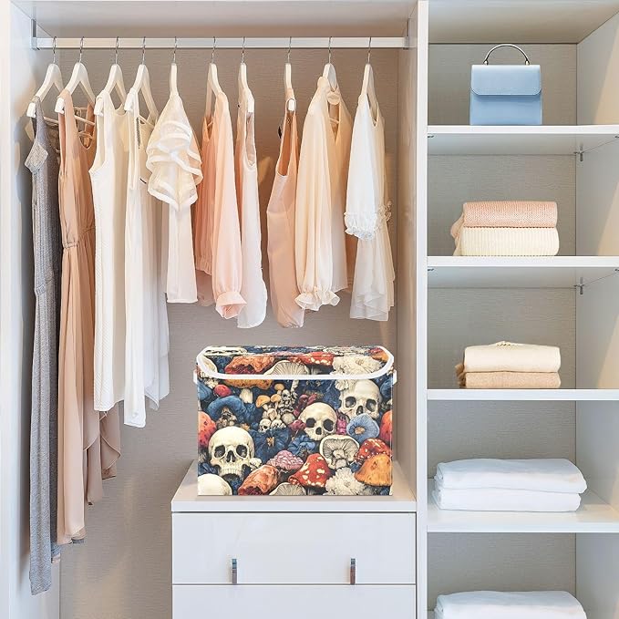 Colorful Skull Mushroom Storage Cube Bins Basket with Lid Collapsible Flip-top Fabric with Handle for Home Bedroom Closet Office 16.5×12.6×11.8 in