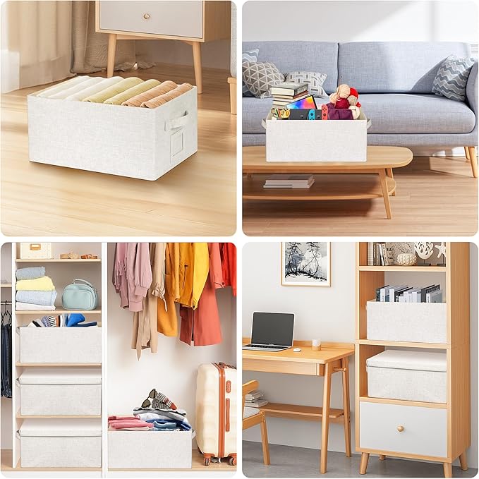 Large 17''x12'' Quart Collapsible Stackable Storage Bins with Lids 2 Packs Off White Fabric Closet Boxes with Lids Storage Cube Baskets Container Organizers for Bedroom Office(17''x12.2x''8'')