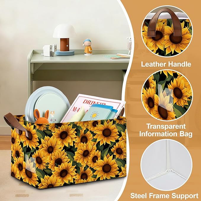 32L Large Storage Bins with Handles Basket Organizer for Shelves Closet Books Laundry &amp Home Decor (Field Sunflower)