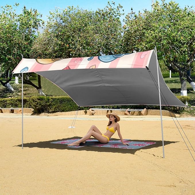 Elephants Love Stripes Beach Tent Sun Shelter Set UPF50+ UV Protection 10.5 x 9.19 FT Camping Shade Canopy with Sandbags Sand Anchors Carrying Bag and Others