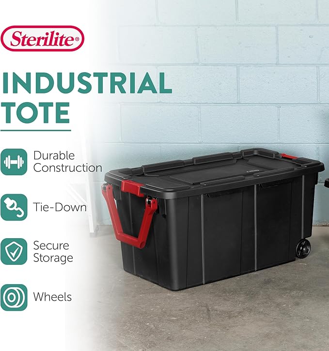Sterilite 8-Pack Industrial Tote Heavy-Duty Storage Bins w/Lids and Wheels 40 Gallon - Stackable Organizing Containers for Home Garage Office and Basement