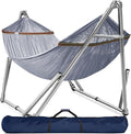Tranquillo Double Hammock with Stand 650lb Capacity Double Hammock with Spreader Bar Solid Grade 201 Stainless Steel 30s Set Up Sturdy Flexible Hammock Stand Portable Outdoor Indoor Grey