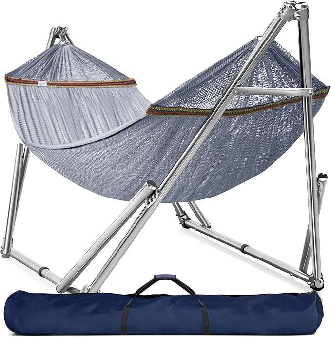 Tranquillo Double Hammock with Stand 650lb Capacity Double Hammock with Spreader Bar Solid Grade 201 Stainless Steel 30s Set Up Sturdy Flexible Hammock Stand Portable Outdoor Indoor Grey