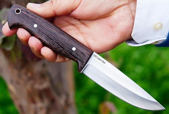 Ottoza Full Tang Bushcraft Knife with 1095 Carbon Steel Fixed Blade - Survival and Outdoor Camping Knife - Wenge Wood Handle Brown Leather Sheath 428