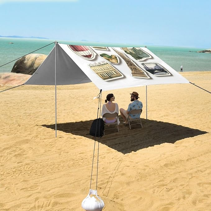 ALAZA Travel Postal Stickers Beach Tent Sun Shelter UPF50+ Protection Beach Shade Canopy w/ 4 Sandbags for Outdoor Camping Fishing Backyard Fun Picnic 10x9 ft