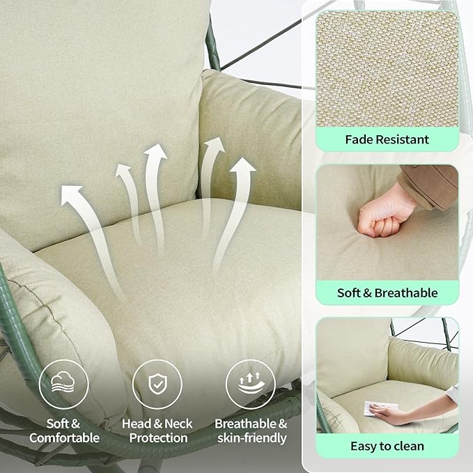 Hanging Egg Chair with Stand Outdoor Indoor Patio Rattan Swing Hammock Chairs with Washable Cushion PE Wicker Swing Chair for Backyard Bedroom Garden (Dark Green + Cyan Cushion No Footrest)