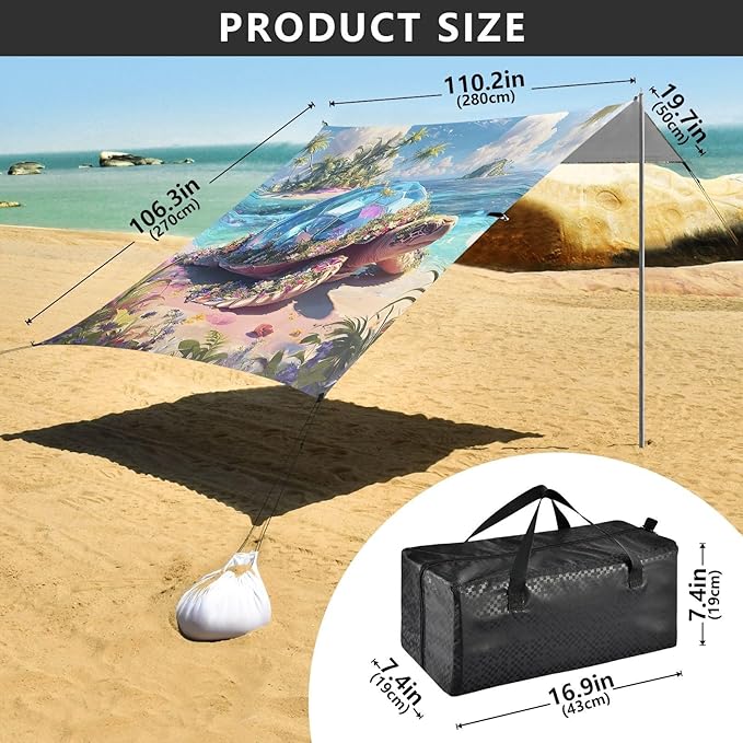ALAZA Sea Turtle Beach Palm Beach Tent Sun Shelter UPF50+ Protection Beach Shade Canopy w/ 4 Sandbags for Outdoor Camping Fishing Backyard Fun Picnic 10x9 ft