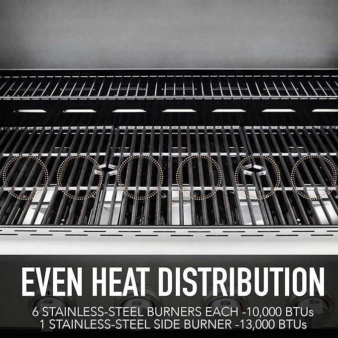 Kenmore 6-Burner Propane Gas BBQ Grill with Side Burner 73000 BTUs Stainless Steel Cabinet Grill with Cast Iron Grates for Outdoor Cooking Backyard BBQ Patio Large Parties