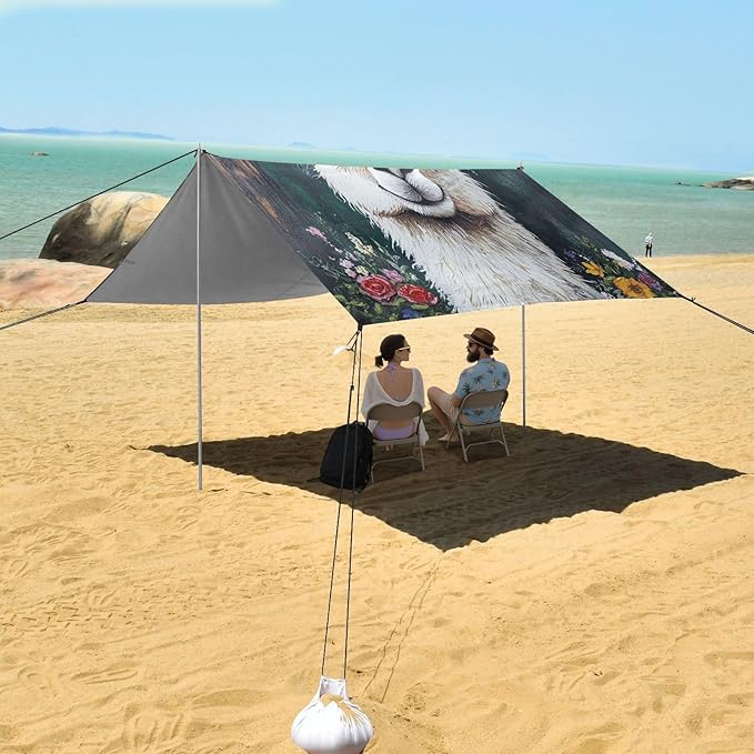 ALAZA Llama Alpaca Wreath Beach Tent Sun Shelter UPF50+ Protection Beach Shade Canopy w/ 4 Sandbags for Outdoor Camping Fishing Backyard Fun Picnic 10x9 ft