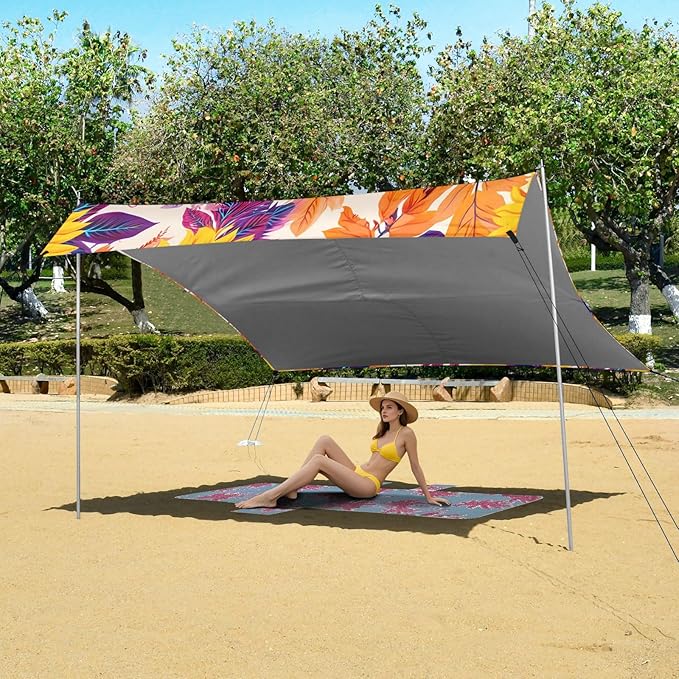 Beach Canopy with Windproof Ropes &amp Sandbags Beach Tent Sun Shade Sun Shelter for Camping Trips Fishing Backyard Fun or Picnics Flowers