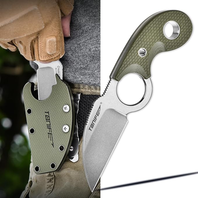 TONIFE Small Fixed Blade Knife Full Tang EDC Camping with Sheath Lanyard and Clip Blade Length 2.172.5 oz.with Sheath(Green - Stonewash)